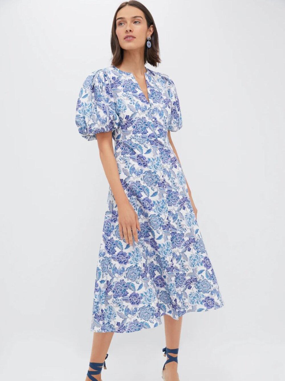 Tuckernuck Blue Floral Brody Midi Dress Puff Sleeves w/hidden elastic - SIZE XXL